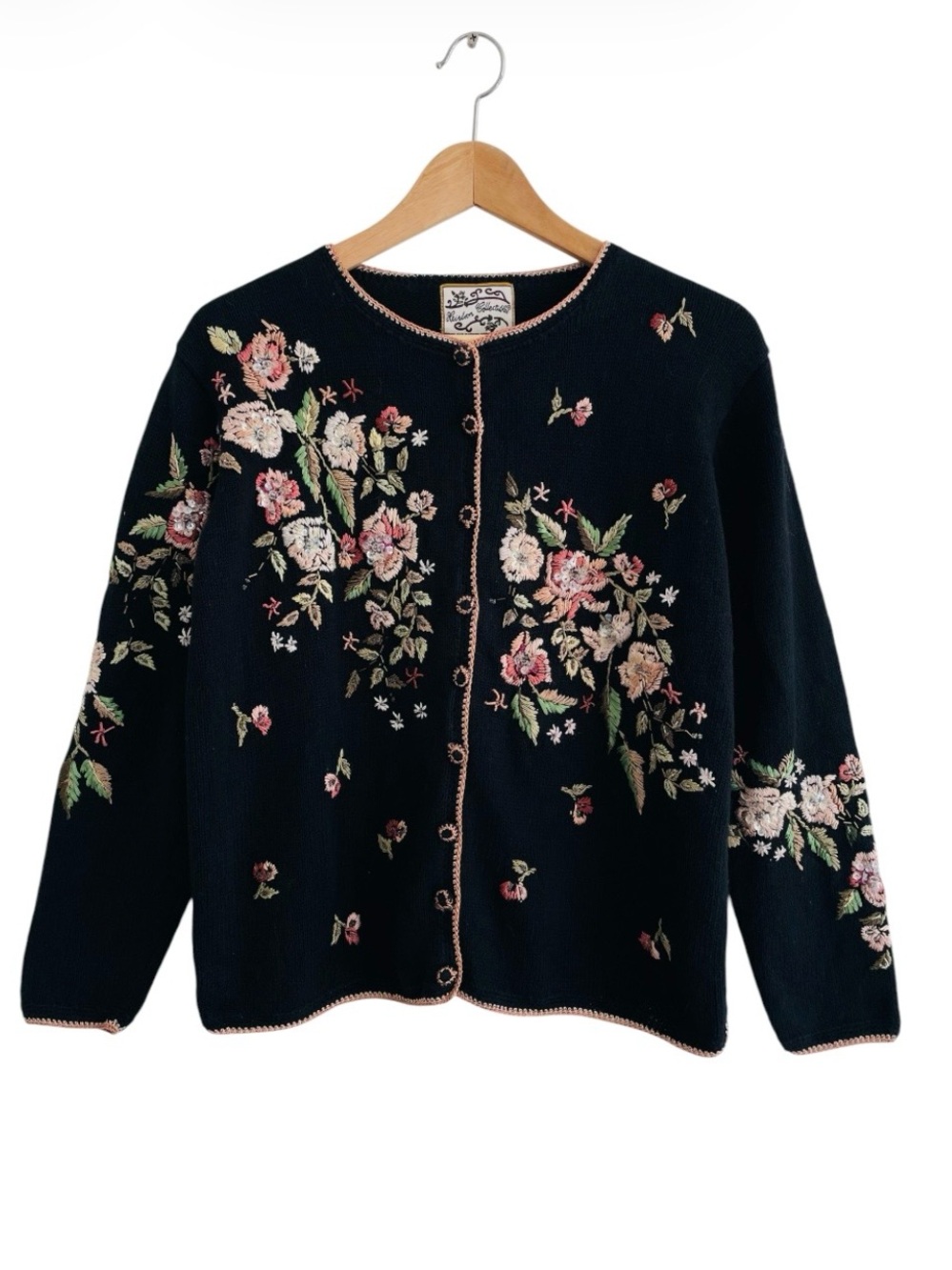 Vintage Floral Embroidered Black Cardigan Sweater S Cottagecore Grandma Chic